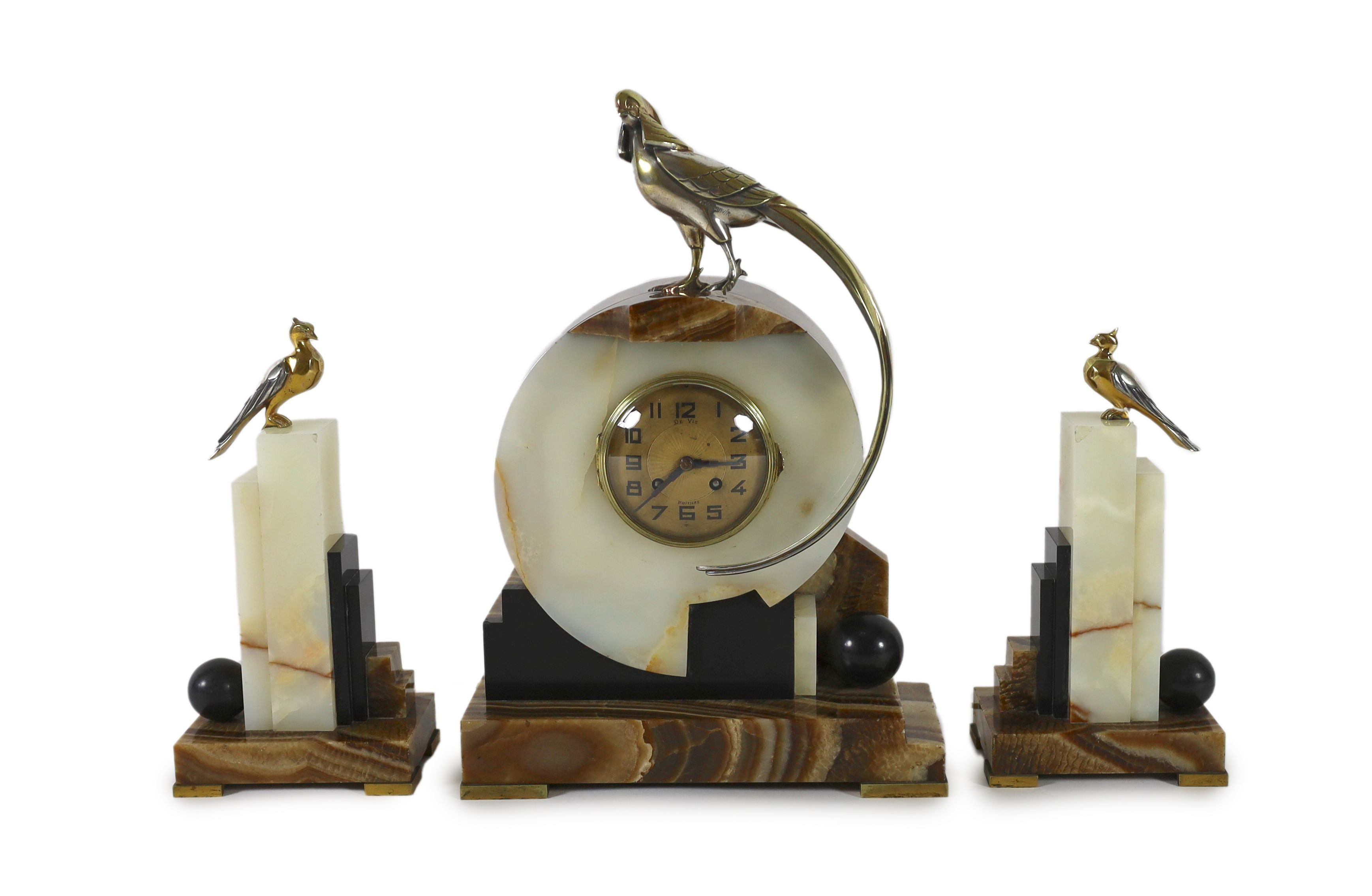 F.H. Danvin. A 1930's French Art Deco bronze mounted onyx and marble clock garniture, clock: width 32cm, height 46cm, side ornaments: width 15cm, height 31cm